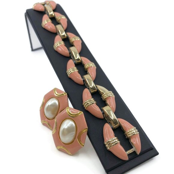 Donald Stannard Bracelet and Earring Set Gold with Coral Enamel and Faux Pearl, - Picture 4 of 10